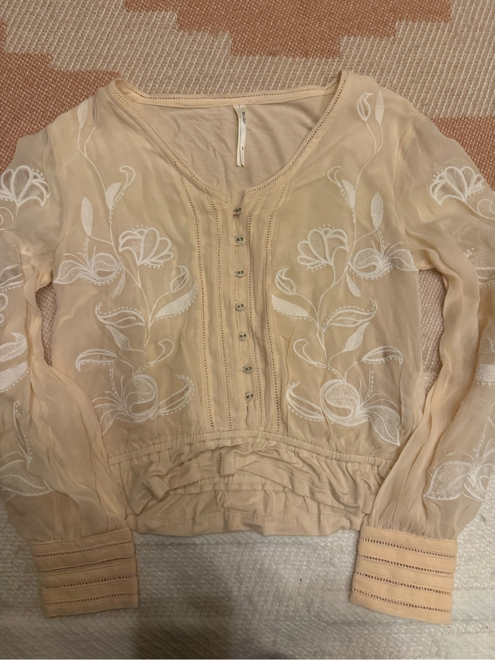 Anthropologie Beige Sheer Embroidered Peasant Blouse